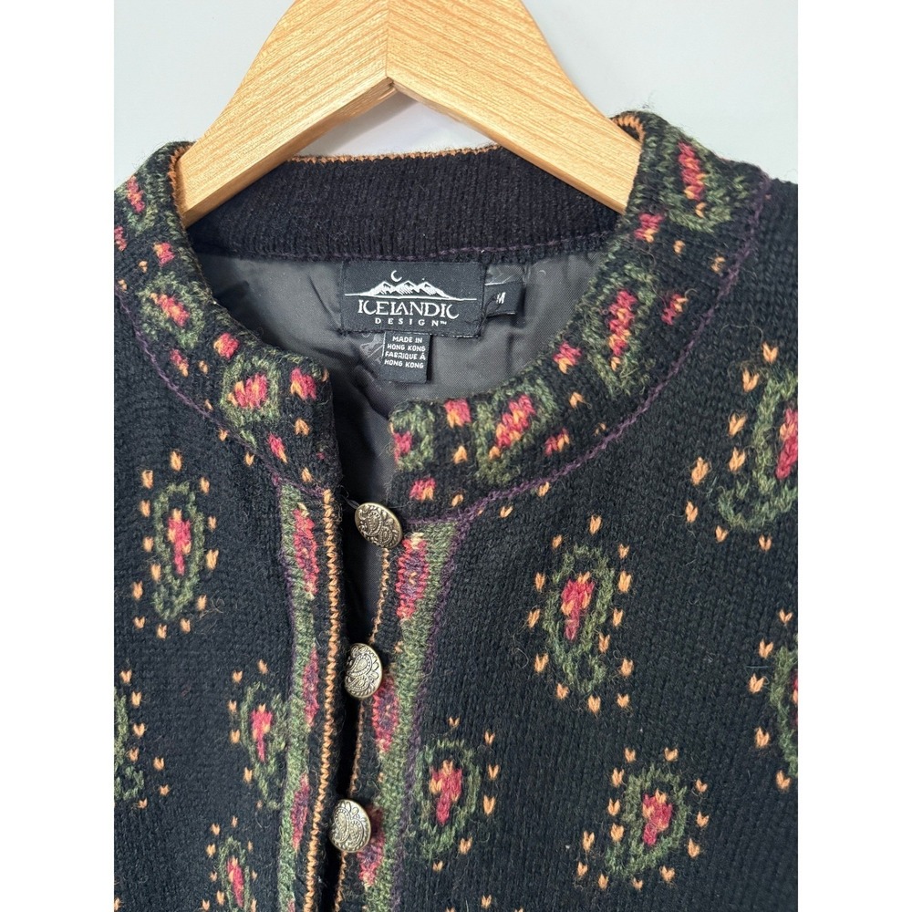 Nordic Design Fair‎ Isle Knit Cardigan Black Floral Button Front Wool Women M